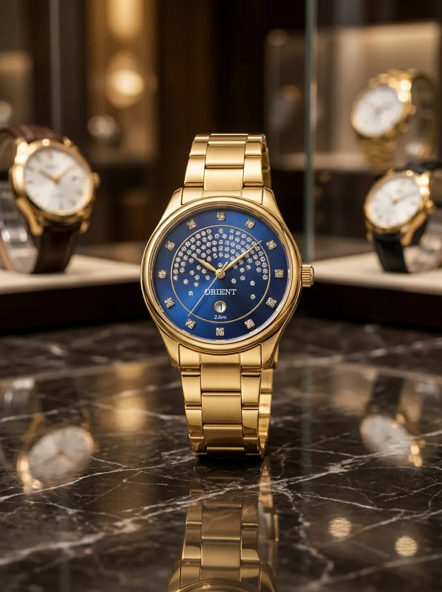 Relógio feminino Orient dourado com mostrador azul disponível no Studio Seiko